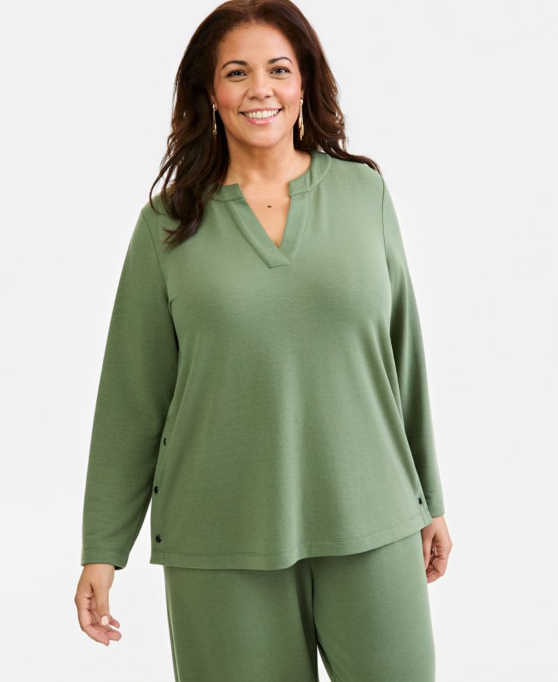 Plus Size LuxLounge French Terry Split-Neck Long-Sleeve Top