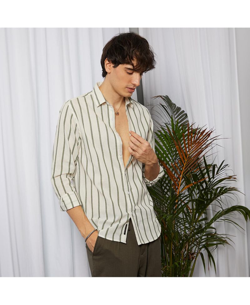 Men's Saltbox Beige & Sage Green Lined Halo-Striped Shirt