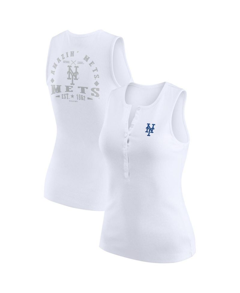 Women's White New York Mets Rib-Knit Henley Tank Top