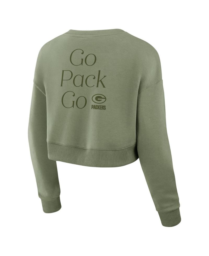 Women's Olive Green Bay Packers Studio Tri-Blend Cropped Pullover Sweatshirt