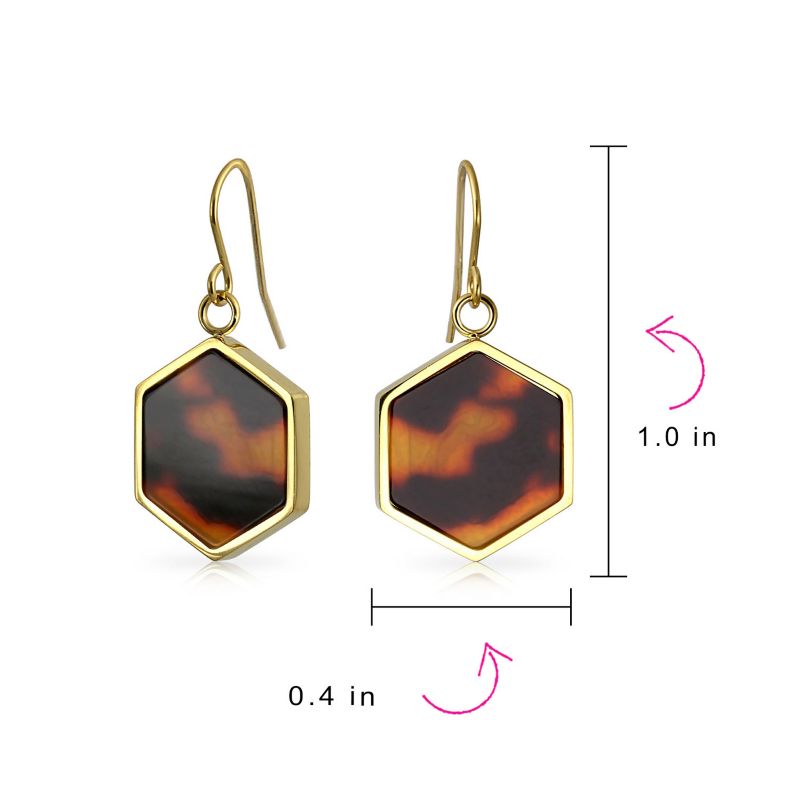 Hexagon Shape Faux Brown Tortoise-Shell Dangle Drop Earrings Gold Tone