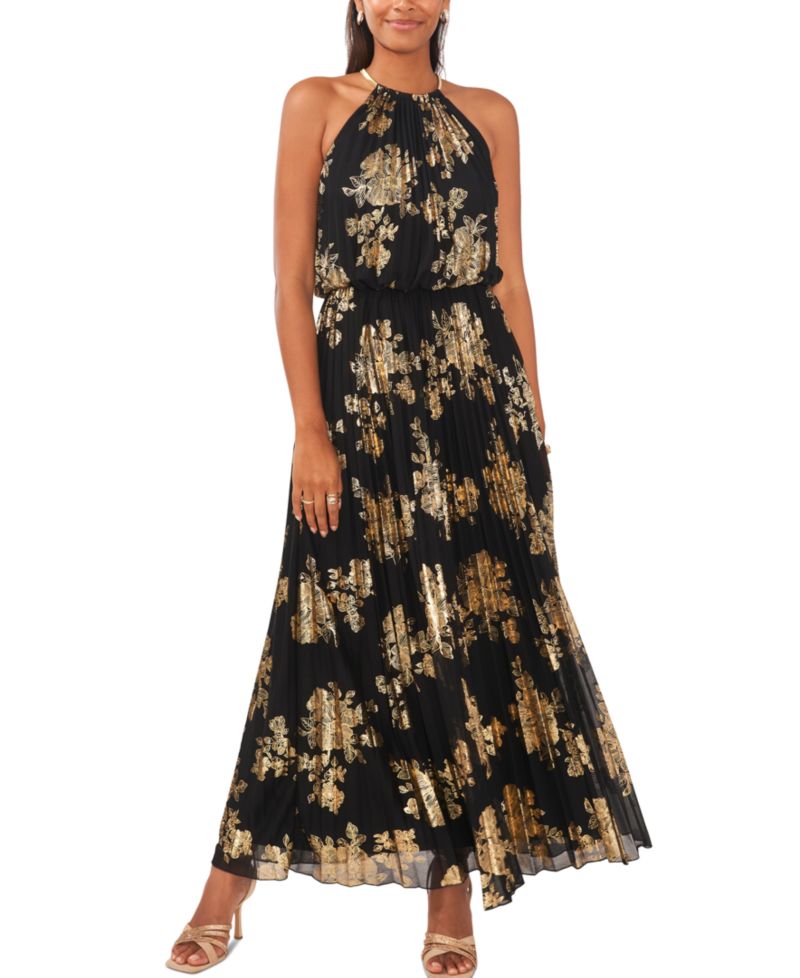 Metallic-Print Pleated Blouson Gown