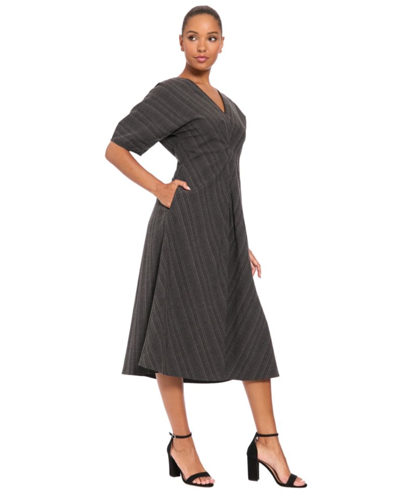 Women's 3/4 Puff-Sleeve V-Neck Striped Fit-and-Flare Midi Dress