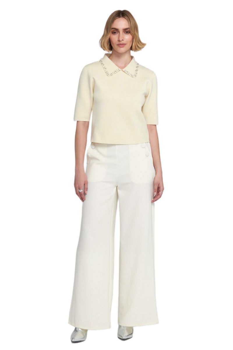 Women's Wide Leg Trouser with Self-Covered Buttons - Pants