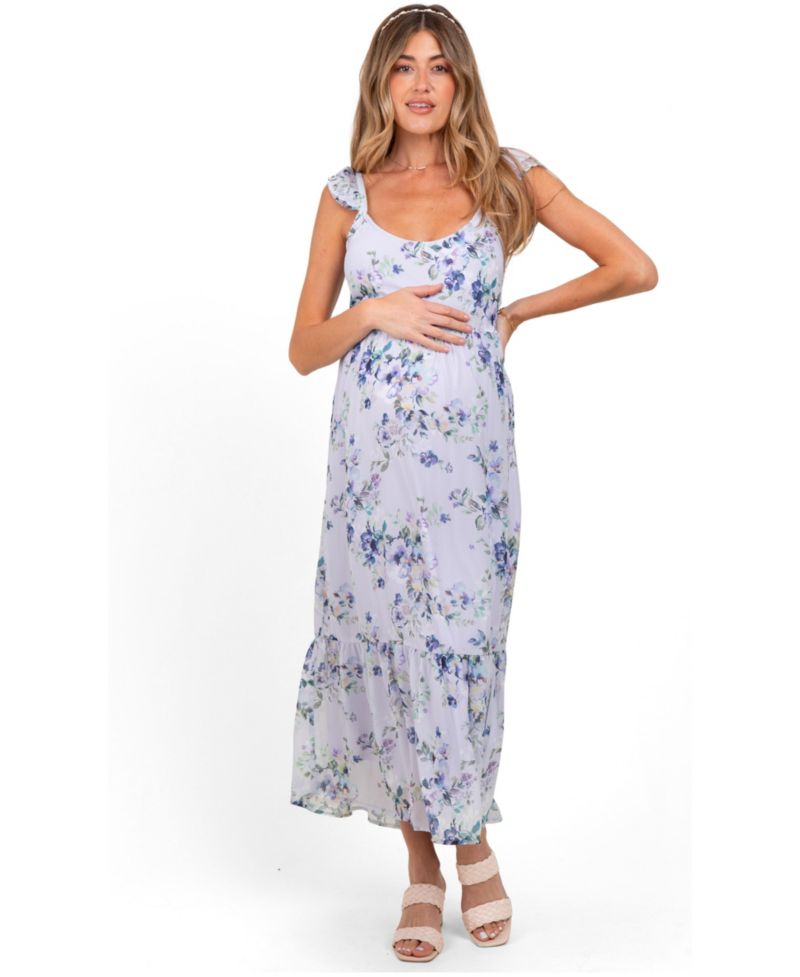 Women's Lilac Floral Textured Open Back Tie Maxi Dress