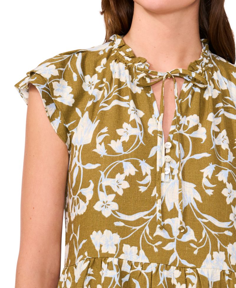 Petite Split Tie Neck Flutter-Sleeve Printed Dress
