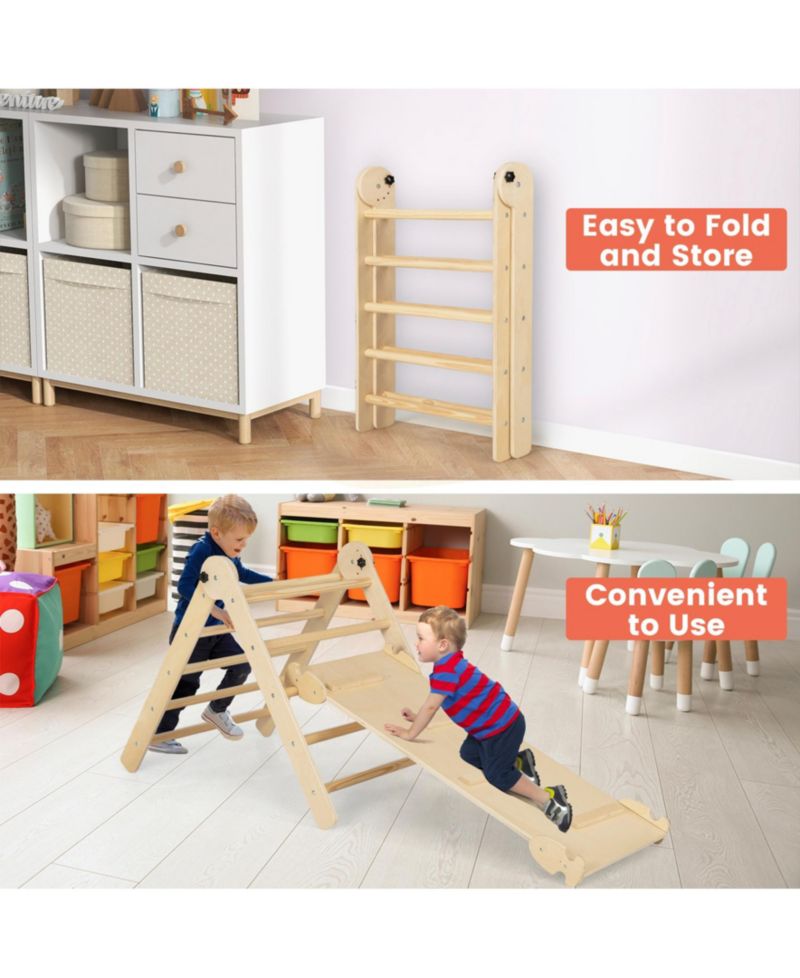 3-in-1 Climbing Set Foldable and Adjustable Kids Triangle Set-Natural