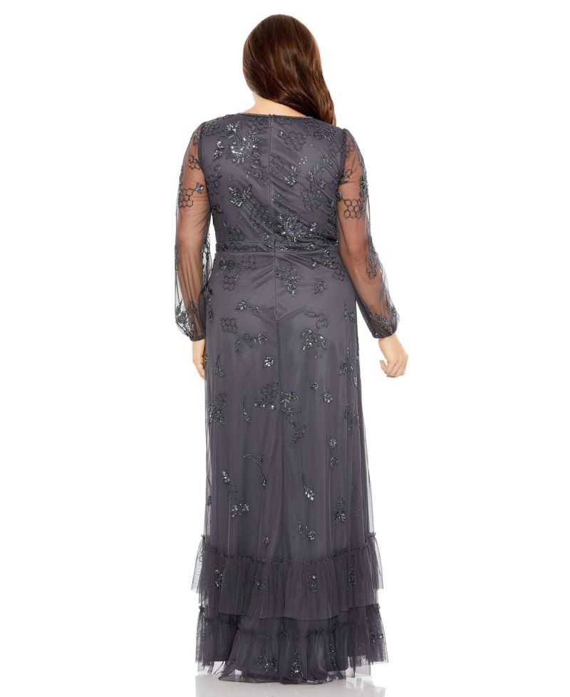 Women's Puff Sleeve V-Neck Tiered Embellished Gown