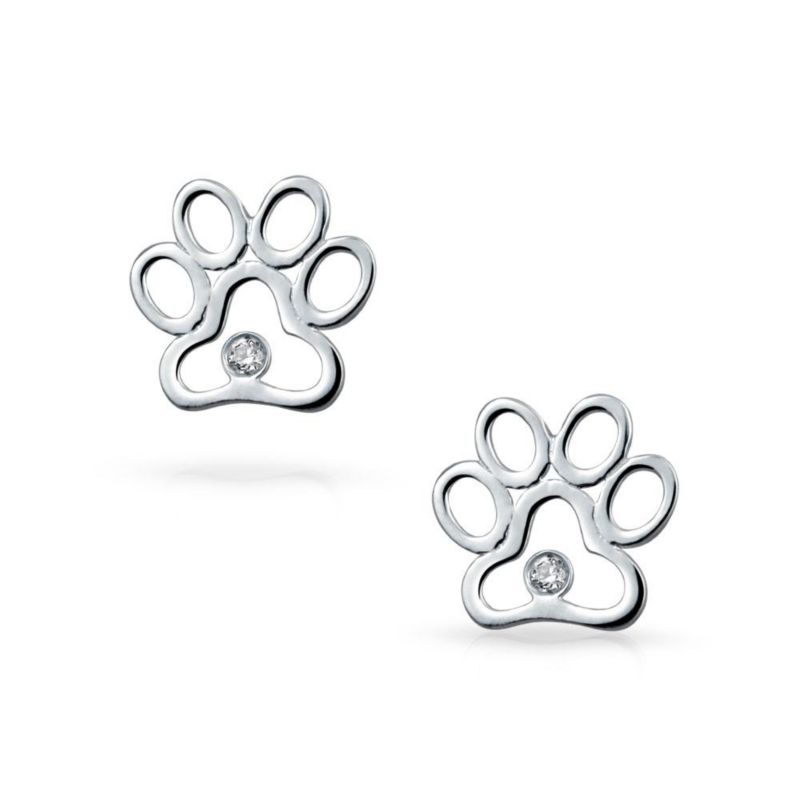 Animal Lover Cut-Out Paw Print Stud Earrings CZ Accent .925 Sterling Silver