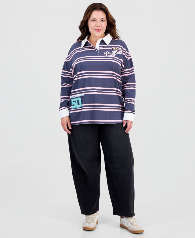 Plus Size Snoopy Athletic Rugby Striped Quarter Button Down Collar Cotton-Blend Polo Shirt