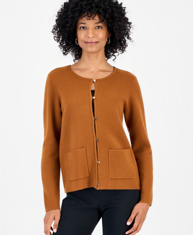 Petite Button-Front Crewneck Cardigan