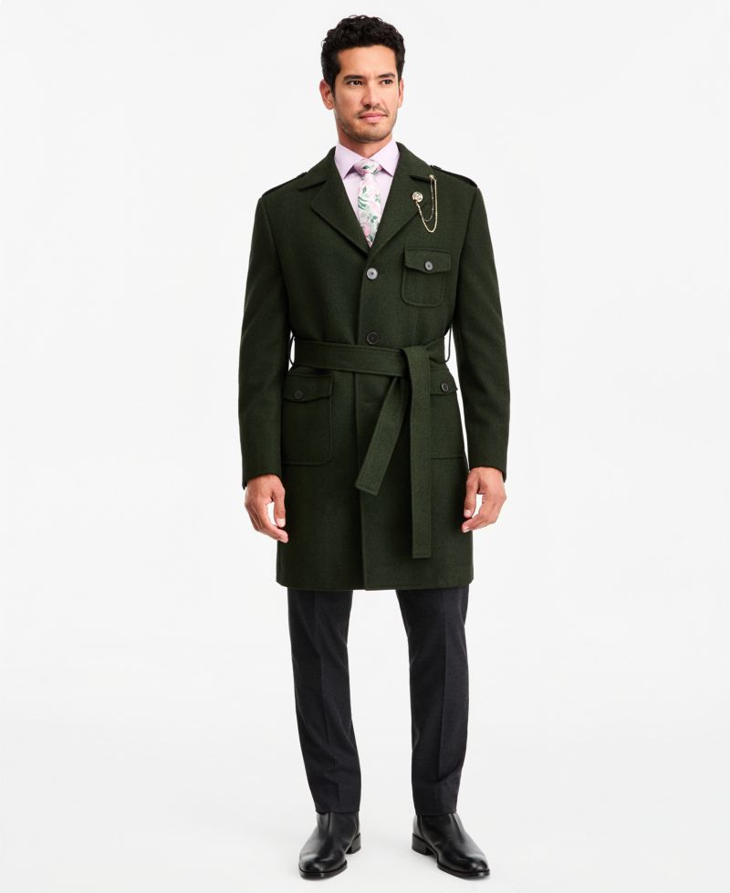 Men's Classic-Fit Green Herringbone Overcoat