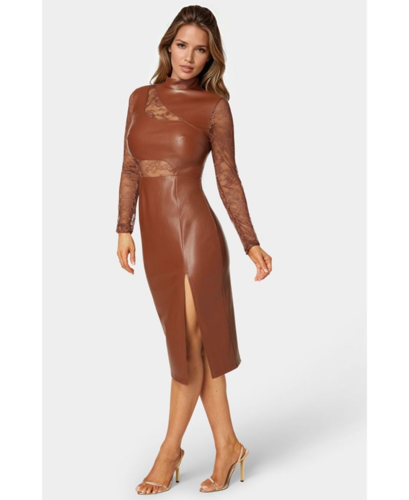 Women's Faux Leather Lace Illusion Midi Dress