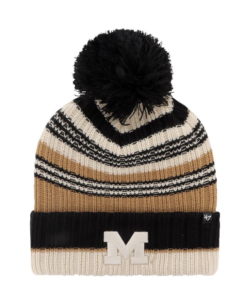 Women's Khaki Michigan Wolverines Barista Cuffed Knit Hat with Pom