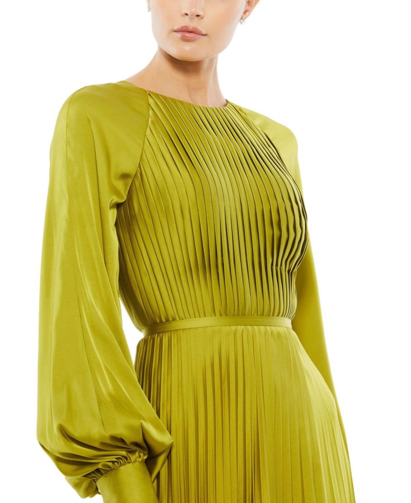 Women's Pleated High Neck Raglan Long Sleeve Side Slit Gown