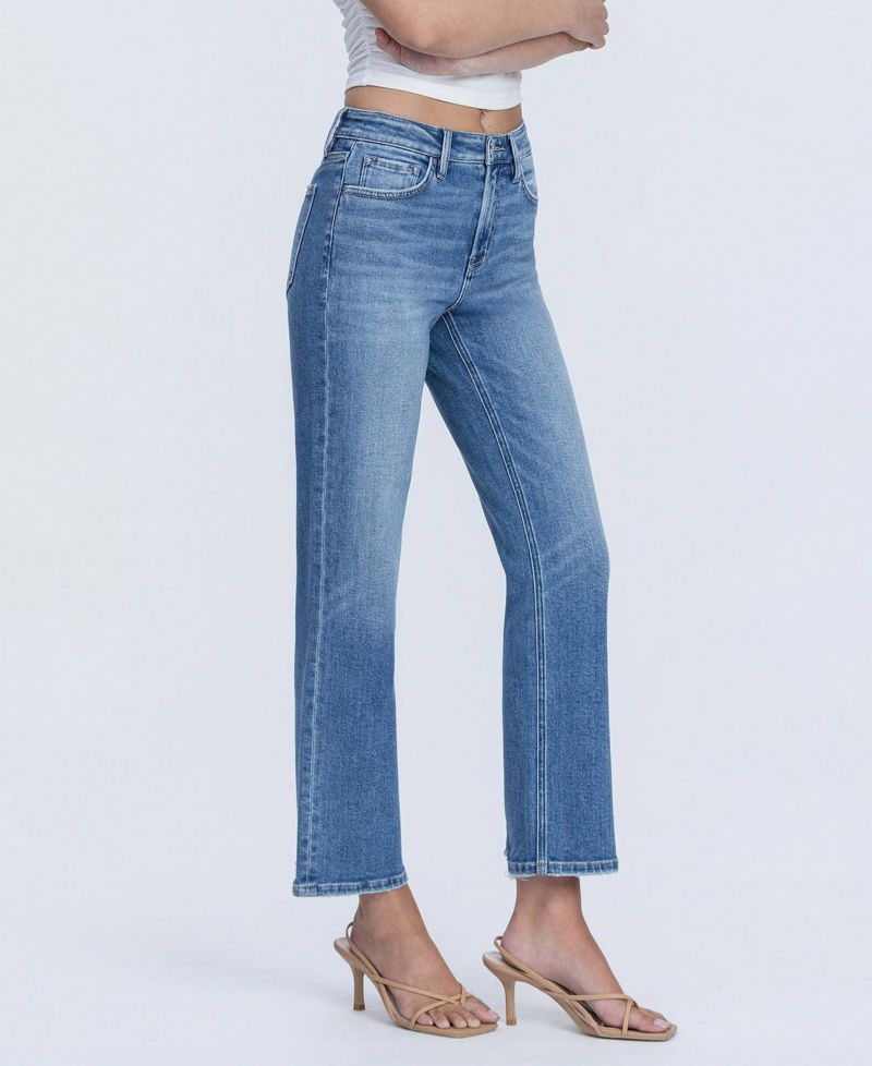 Women's High Rise Back Distressed Hem Ankle Straight Jeans