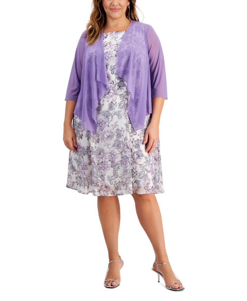 Plus Size Printed Dress and Mesh Jacket