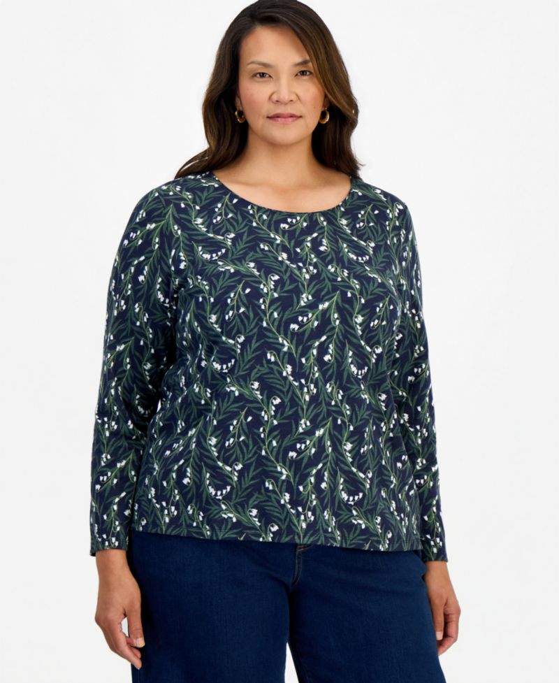 Petite Printed Long-Sleeve Scoop-Neck Top