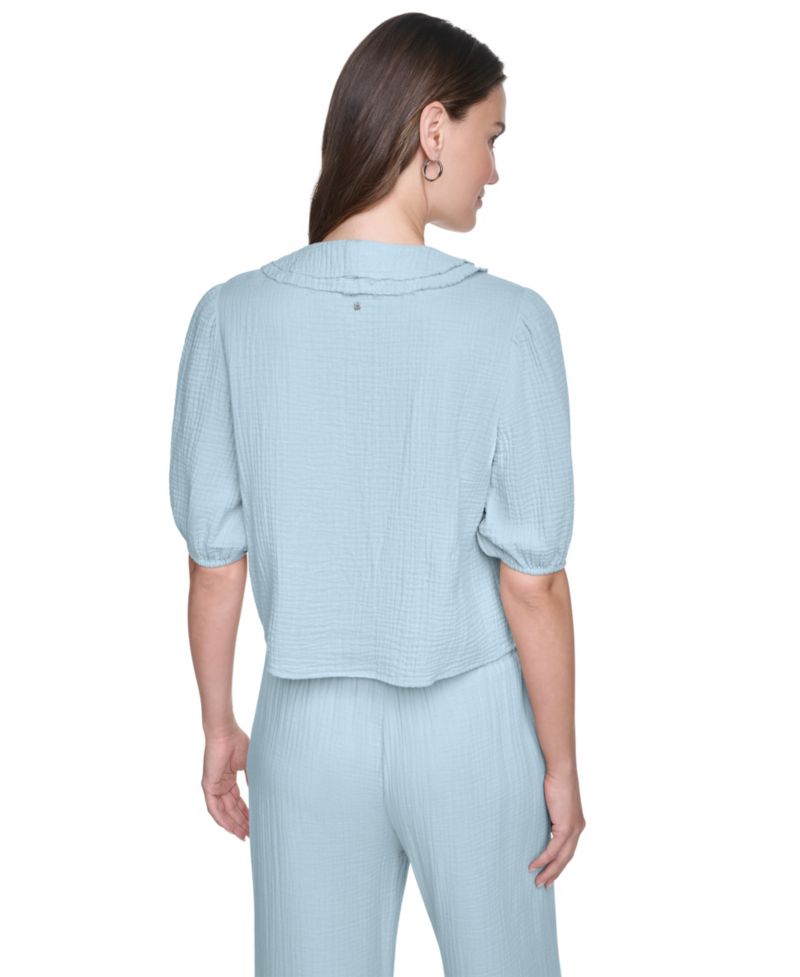 Women's V-Neck Short Puff-Sleeve Tie-Front Shirt