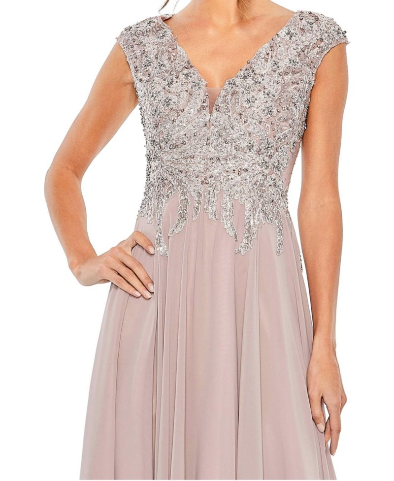Women's Embroidered Beaded Midi Dress with Cap Sleeves