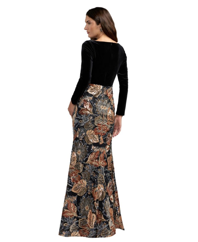 Women's V-Neck Long-Sleeve Floral-Embroidered Velvet Gown