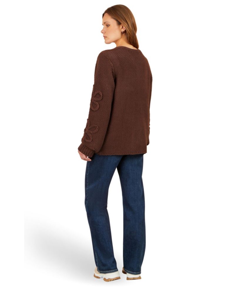 Women's Chunky-Knit Flower-Detail-Sleeve Cardigan