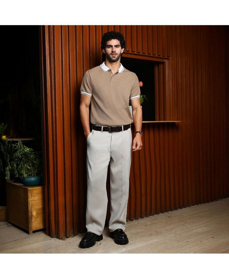 Men's Sand Beige Cuboid-Stripe Polo T-Shirt