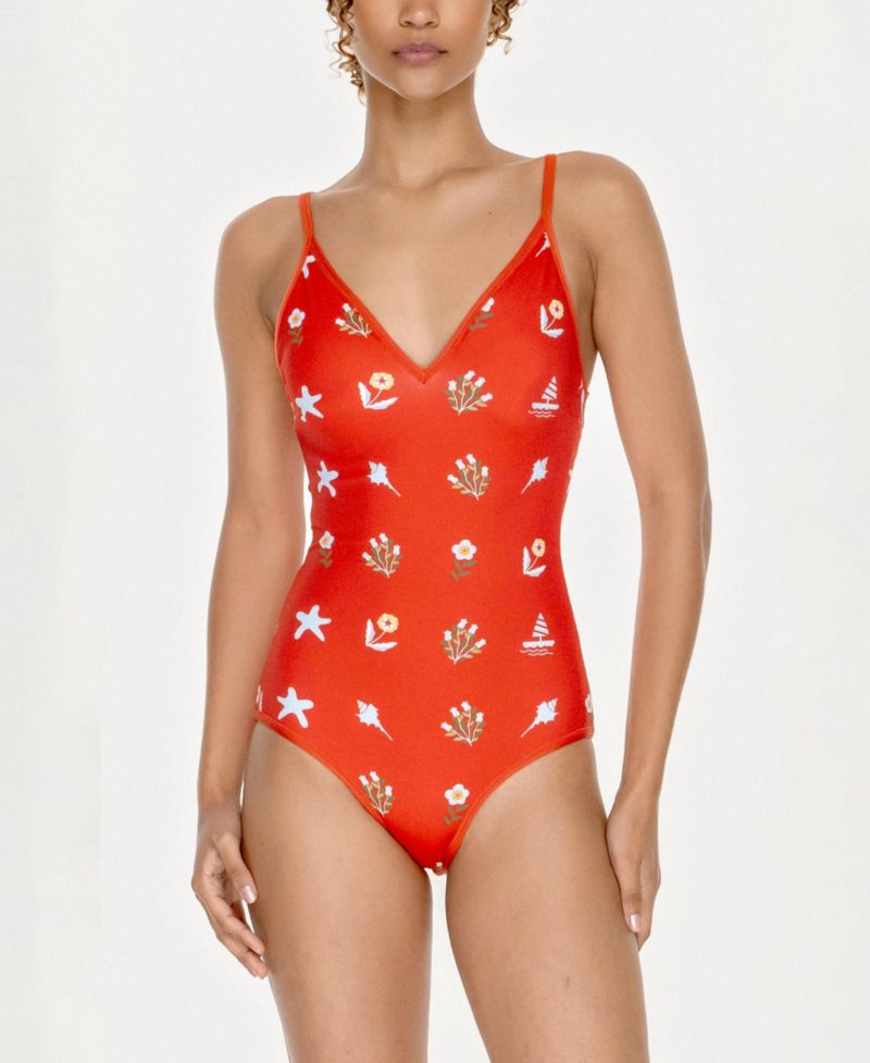 Women's Red Coral Reversible V-Neck One-Piece Swimsuit
