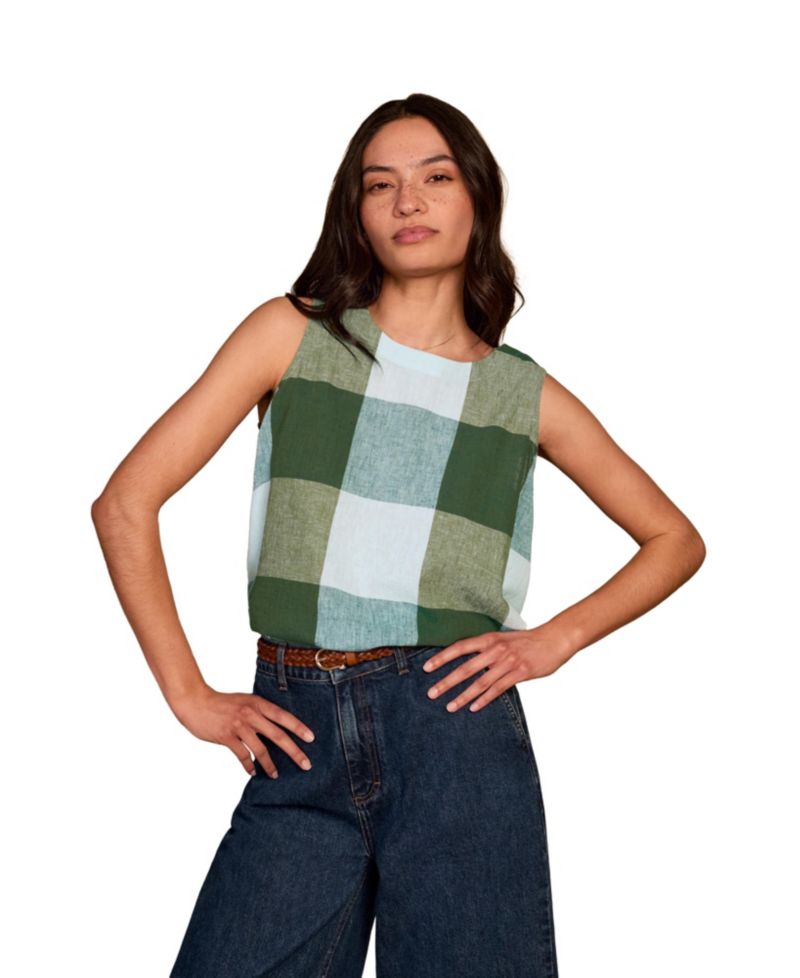 Women's Plaid Pleat-Back Sleeveless Blouse