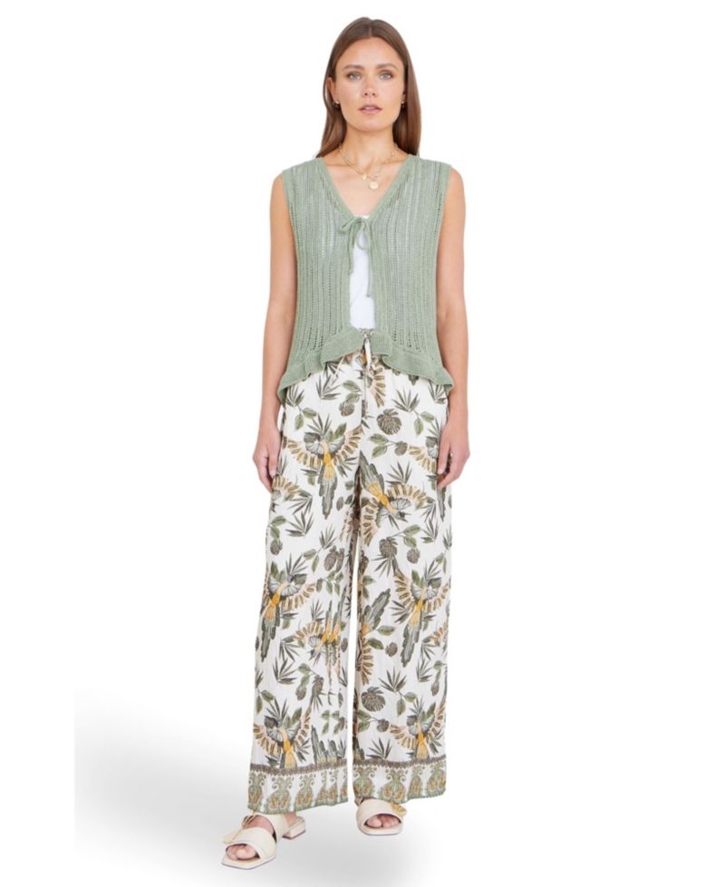 Women's Bird Print Viscose Wide Leg Trousers