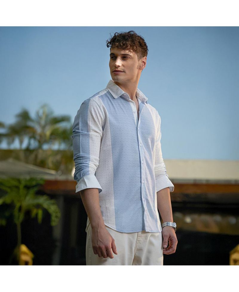 Men's Powder Blue & Daisy White Panel-Tactile Shirt