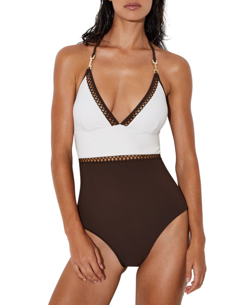 Women's Ray Halter Colorblock Plunging Neckline One-Piece Swimsuit