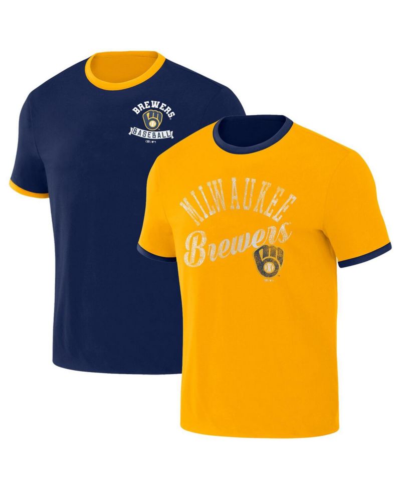 Men's Darius Rucker Collection by Navy, Gold Distressed Milwaukee Brewers Two-Way Ringer Reversible T-shirt