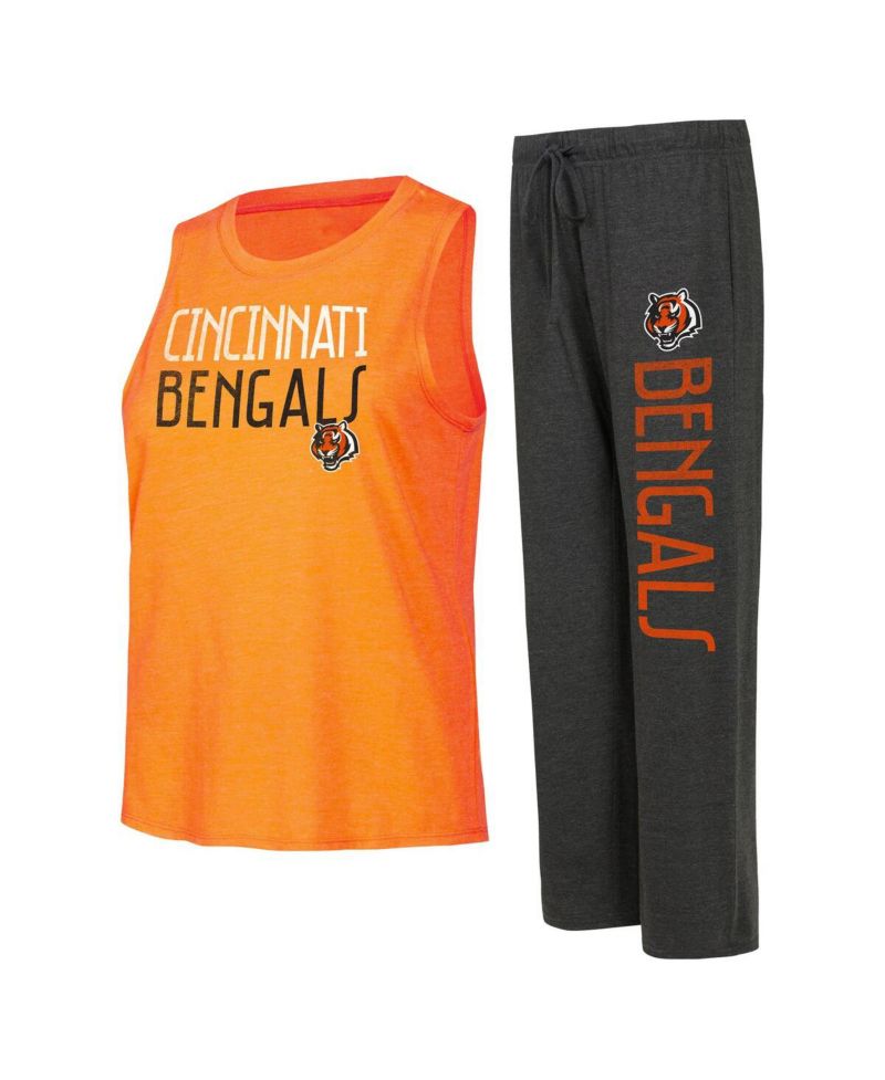 Women's Black, Orange Distressed Cincinnati Bengals Muscle Tank Top and Pants Lounge Set