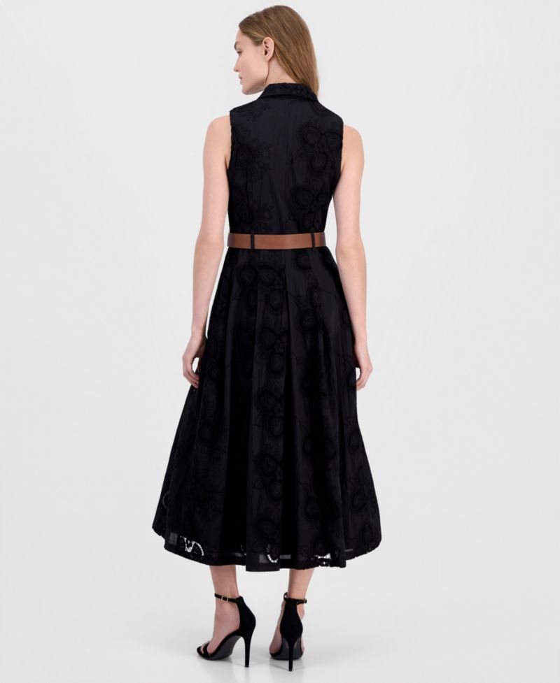 Women's Belted Eyelet Embroidered Cotton Midi Dress
