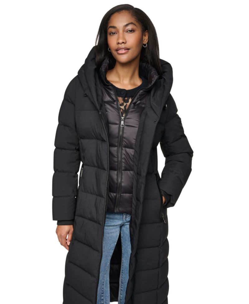 Women's Bibbed Shawl Collar Hooded Puffer Coat