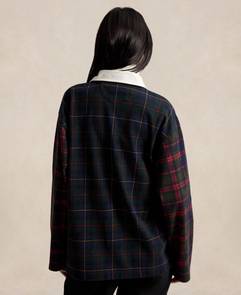Women's Long-Sleeve Rugby Collar Plaid Rugby Jersey