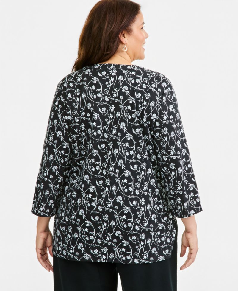 Petite Printed Split Neck 3/4-Sleeve Tunic