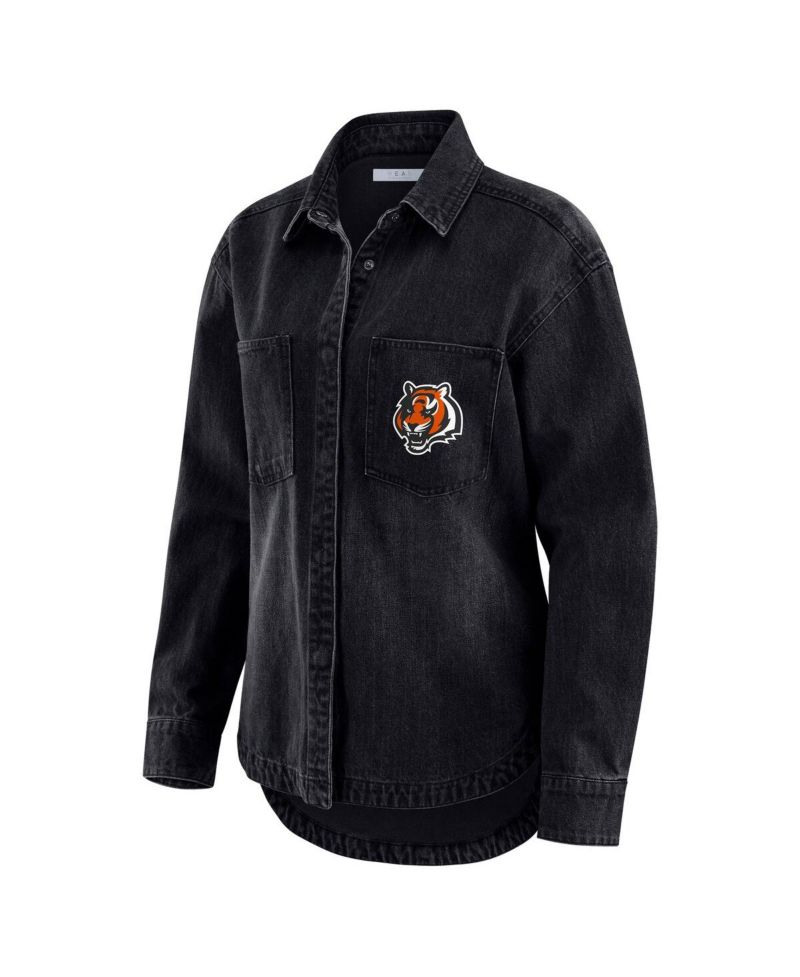 Women's Black Cincinnati Bengals Washed Oversized Denim Full-Snap Shacket