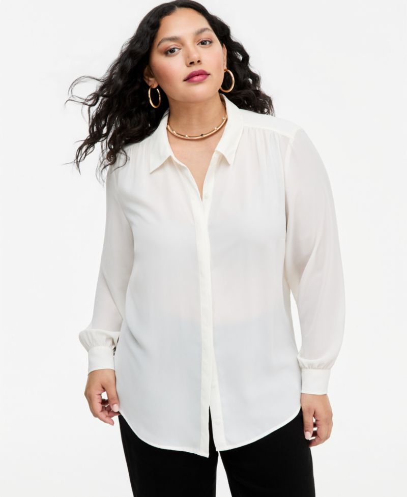 Plus Size Long-Sleeve Button-Up Collared Tunic