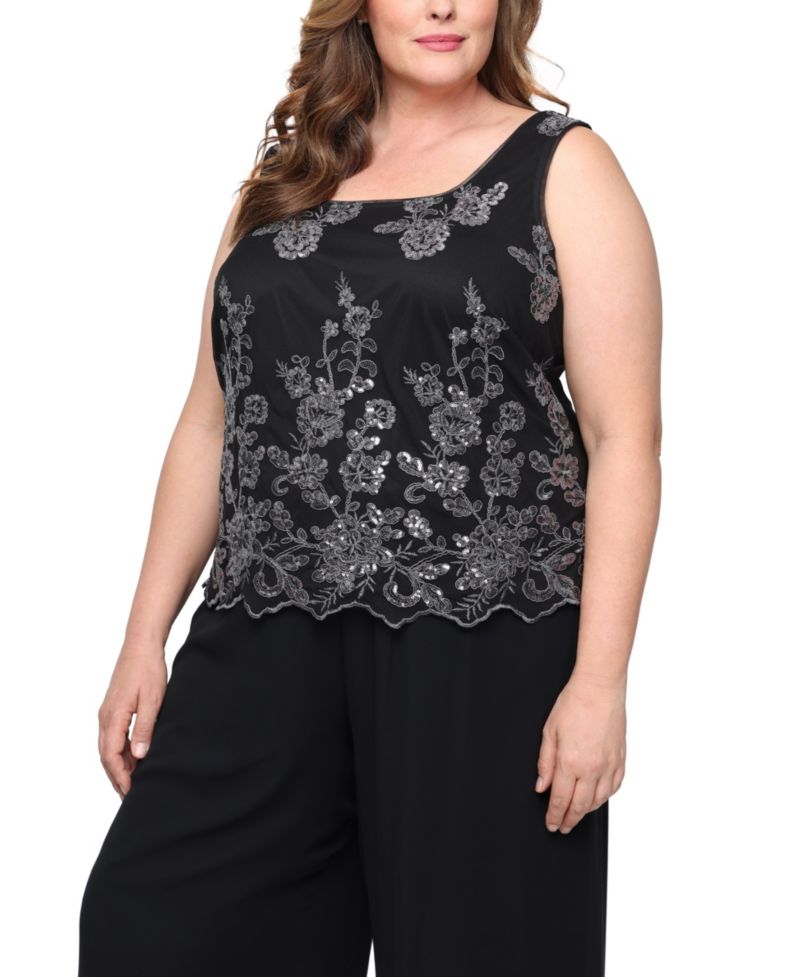 Plus Size 3/4-Sleeve Embroidered Jacket and Tank Twinset