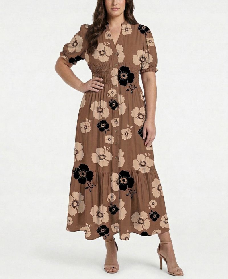 Plus Size Printed Split V-Neck Maxi Dress