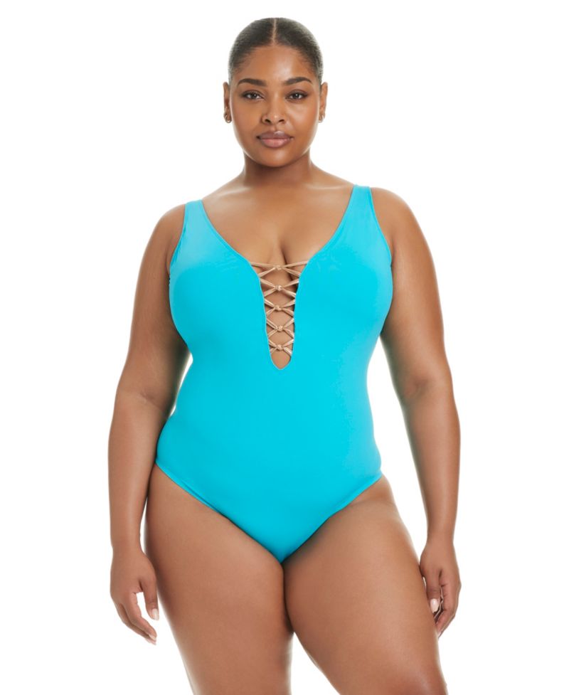 Plus Size Leys Get Knotty Lace-Down V-Neck One-Piece Swimsuit