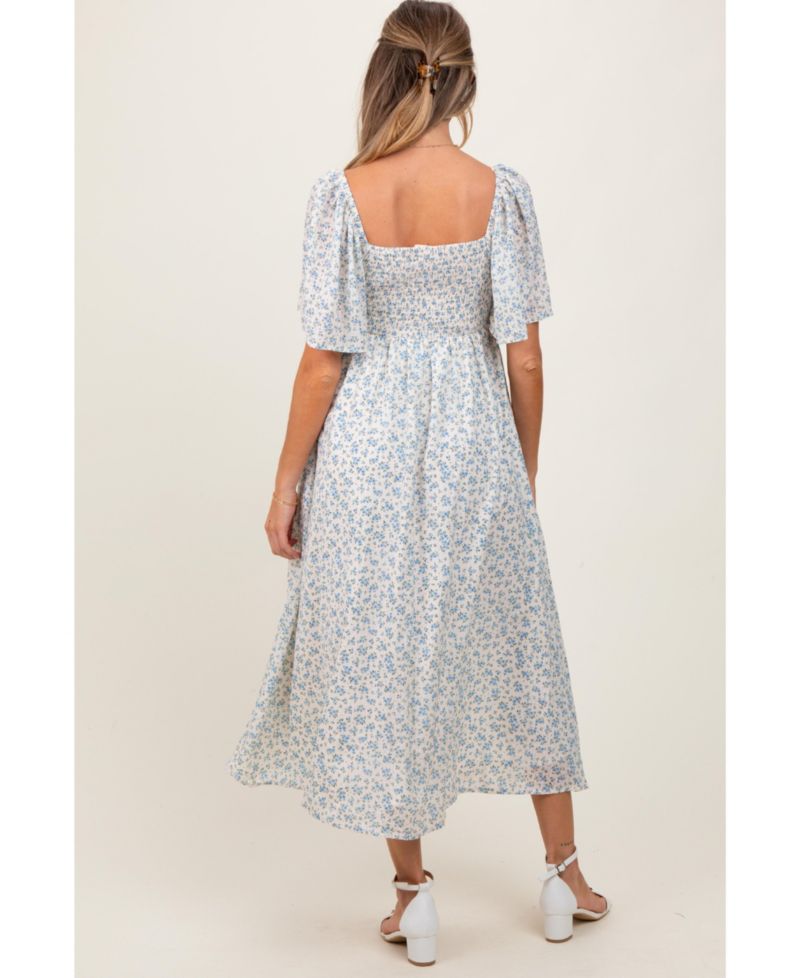 Women's Blue Floral Front Tie Midi Dress