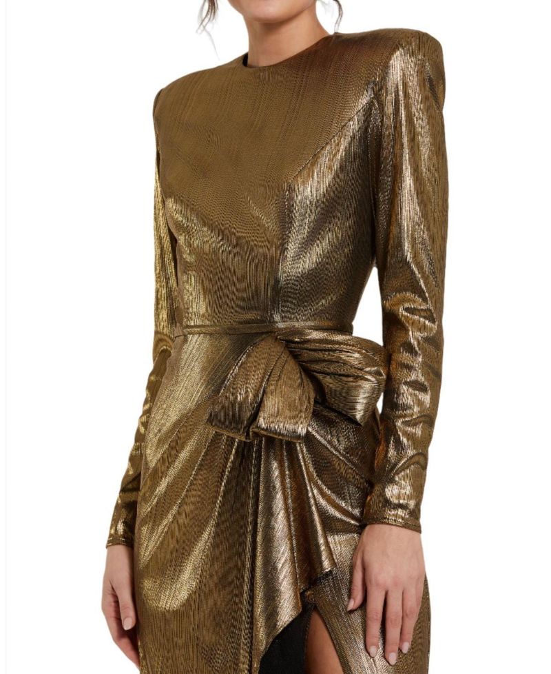Women's Metallic Jersey Long Sleeve Gown With Bow