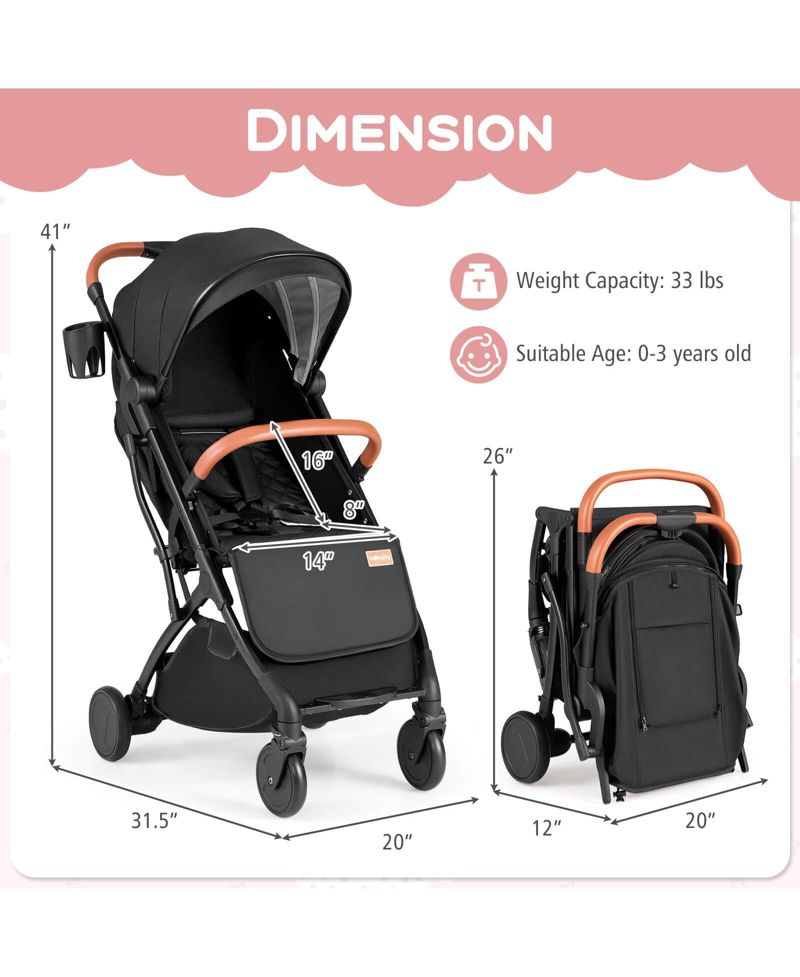 Lightweight Baby Stroller with One-Hand Folding, Extendable Canopy