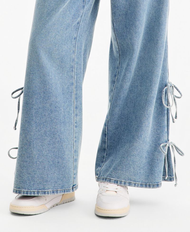 Juniors' Wide-Leg Elastic Back Side Tie Jeans