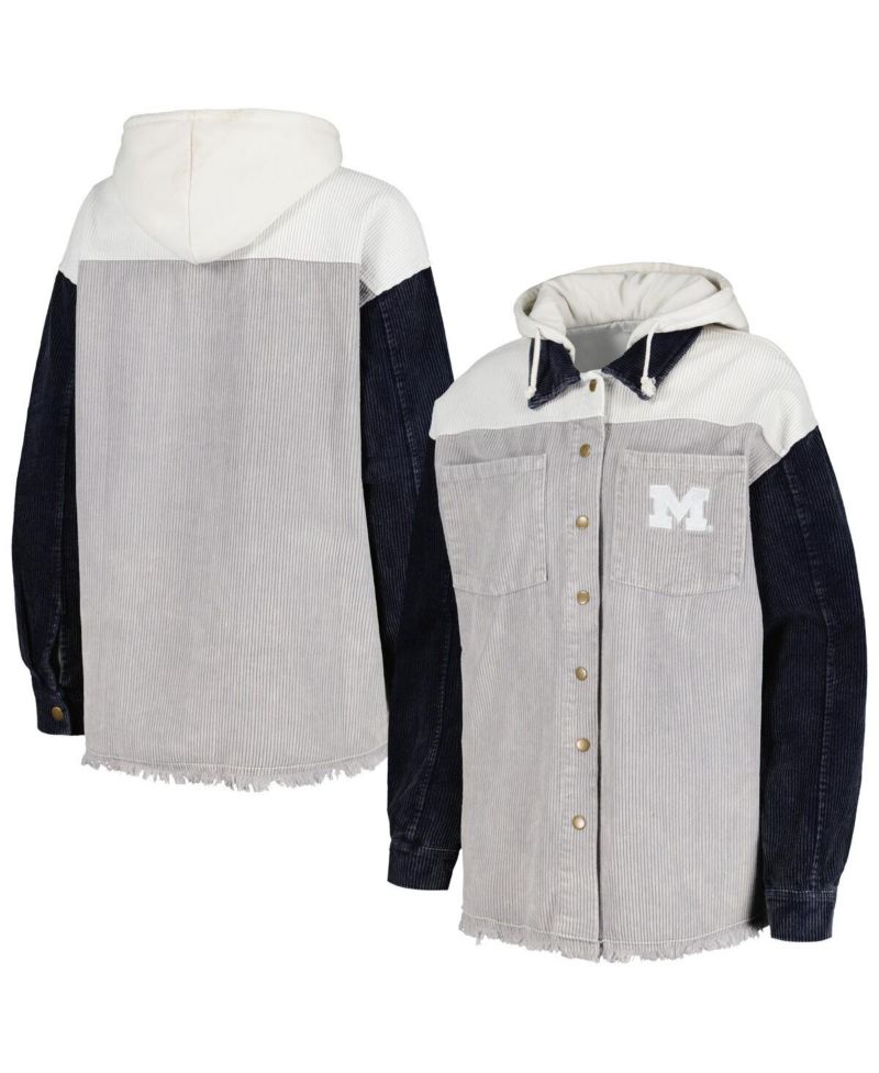 Women's Gray Distressed Michigan Wolverines Vintage-Like Wash Corduroy Full-Snap Hooded Shacket