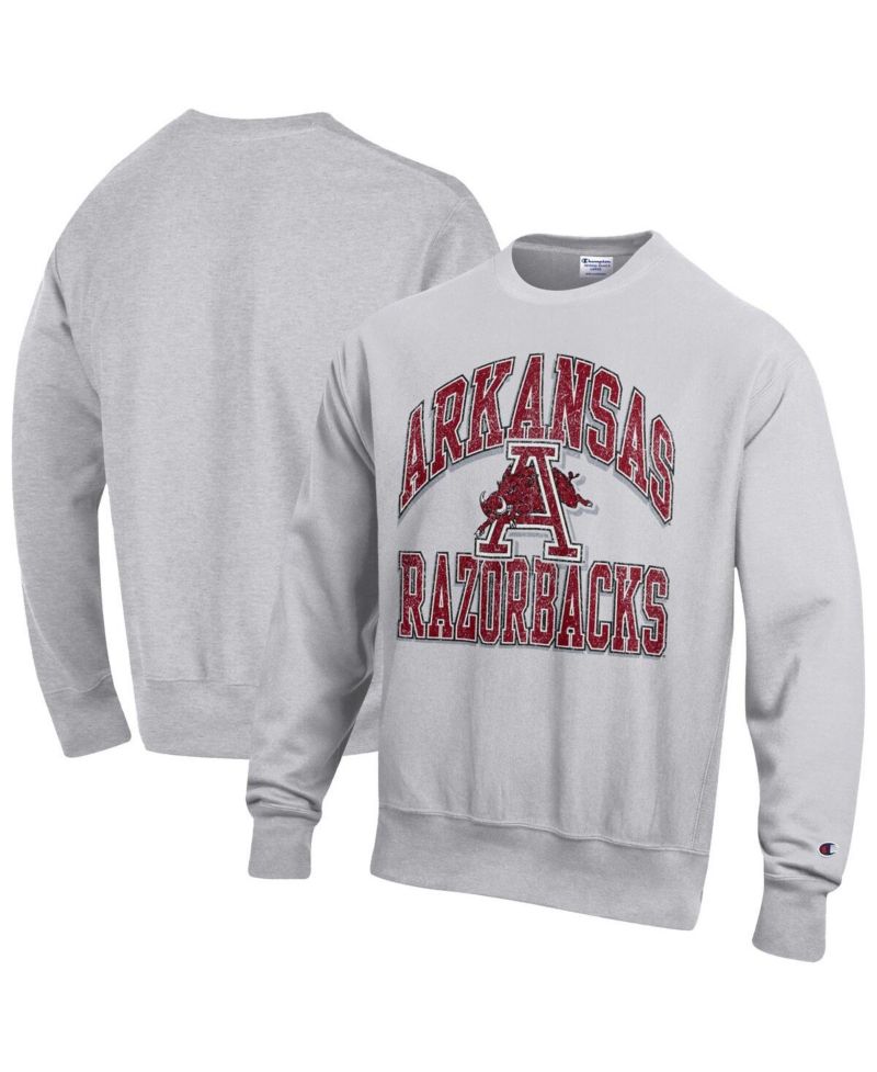 Men's Gray Arkansas Razorbacks Distressed Arch Over Logo Reverse Weave Crew Neck Sweatshirt