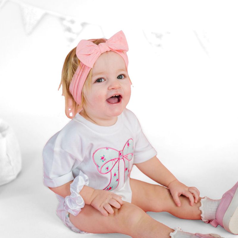 Baby Girls Sky Blue Floral Bow Patch Short Sleeve Romper